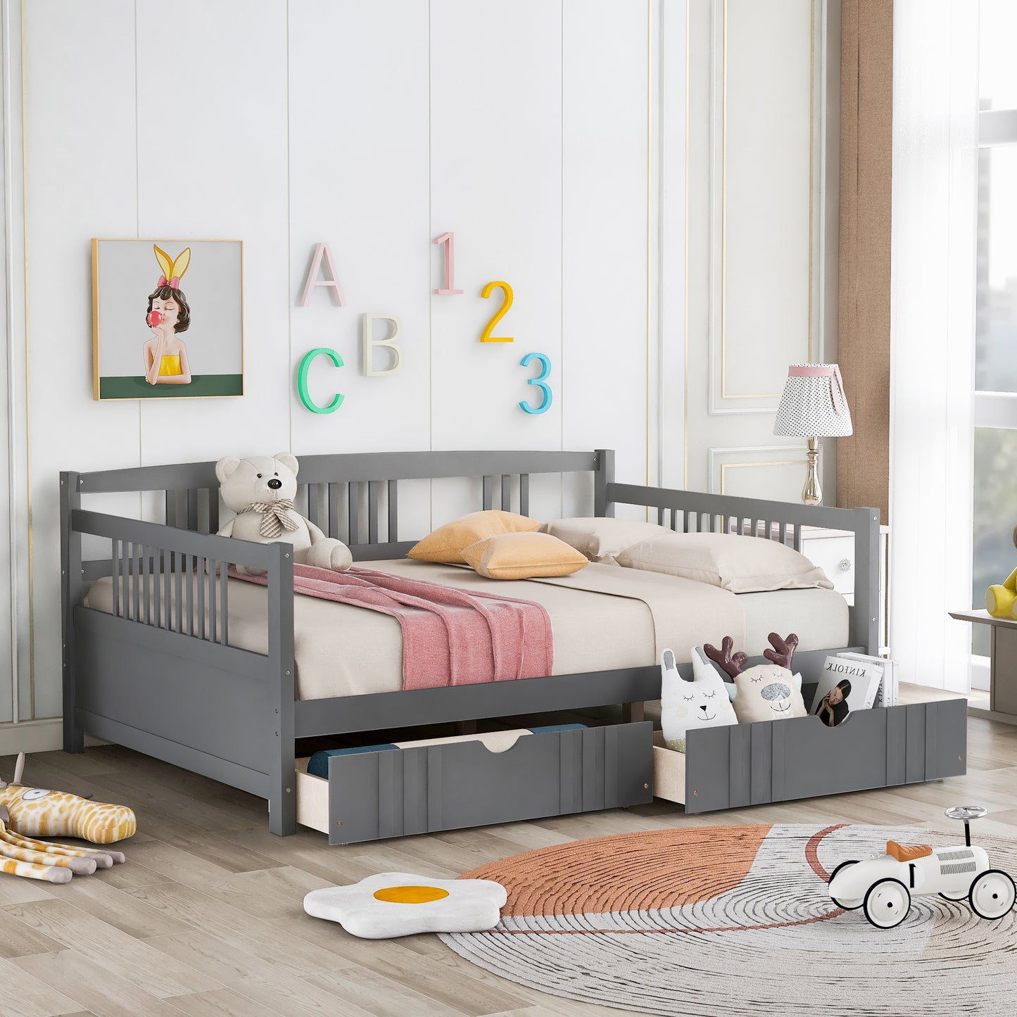 Full Size Daybed Wood Bed with Two Drawers,Gray