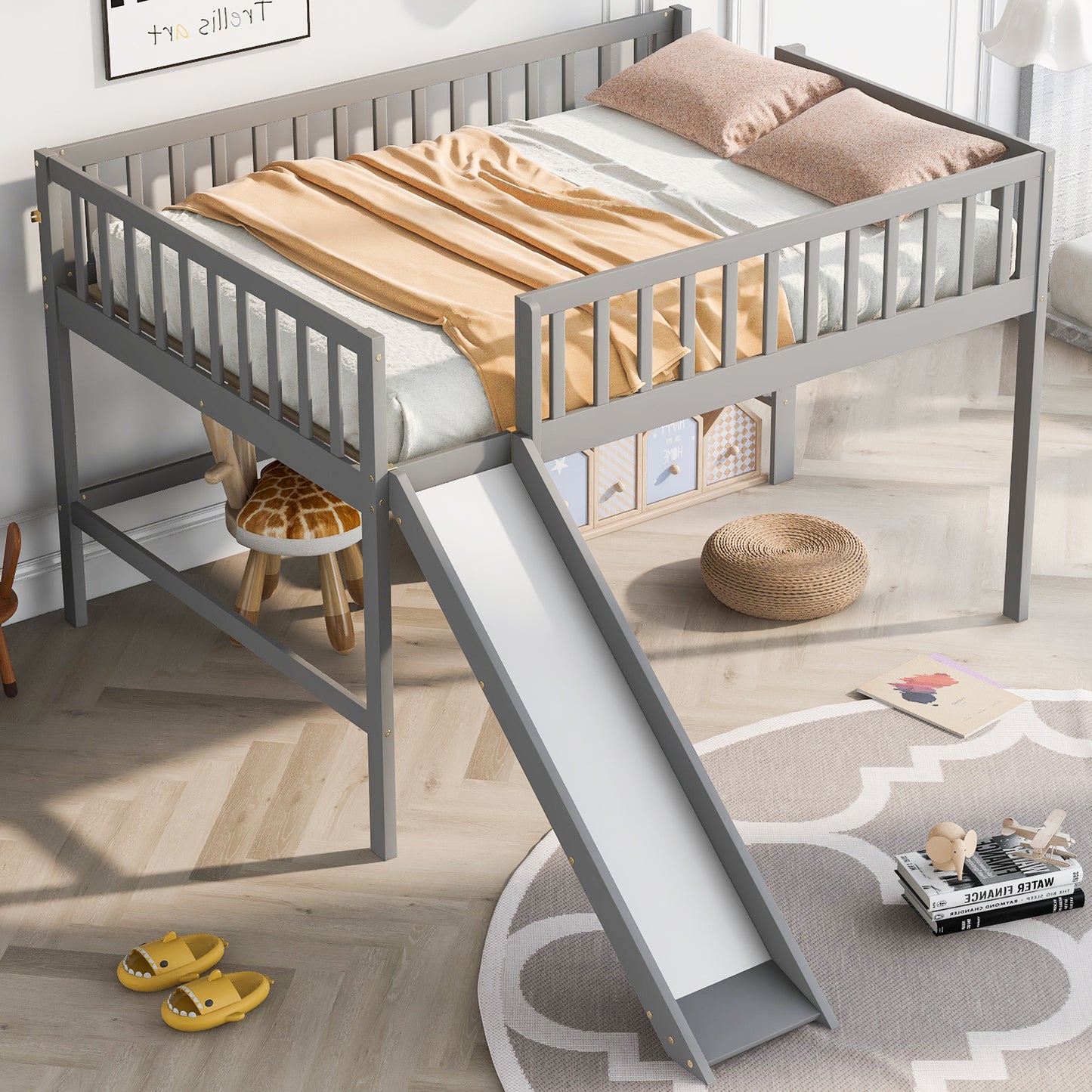 Full Size Low Loft Bed with Ladder and Slide,Gray