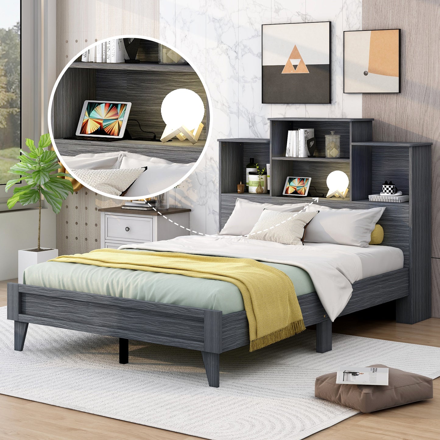 Full Size Storage Platform Bed Frame with 4 Open Storage Shelves and USB Charging Design,Gray
