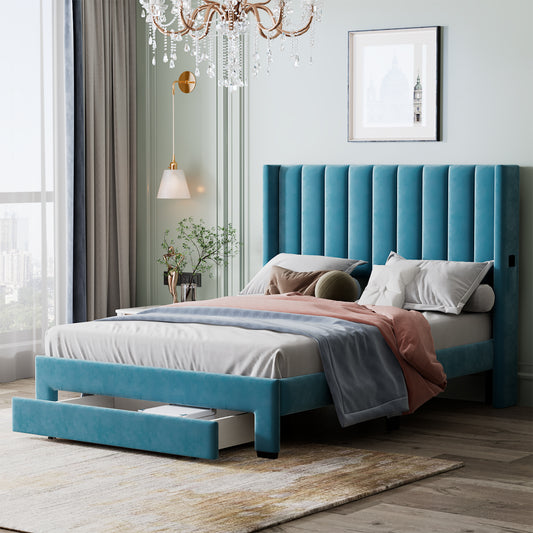Full Size Storage Bed Velvet Upholstered Platform Bed with a Big Drawer - Blue