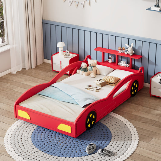 Wooden Race Car Bed,Car-Shaped Platform Twin Bed with Wheels For Teens,Red & Yellow