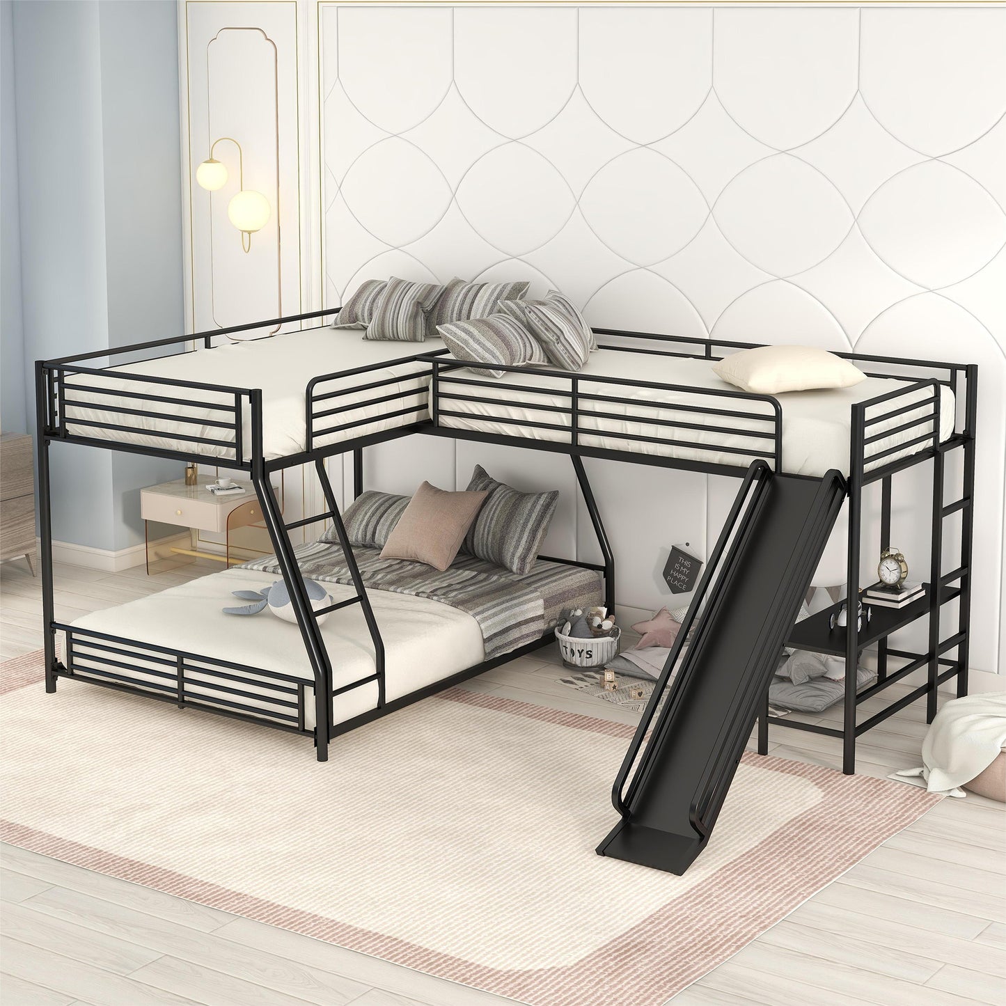 L-Shaped Twin over Full Bunk Bed with Twin Size Loft Bed,Built-in Desk and Slide,Black