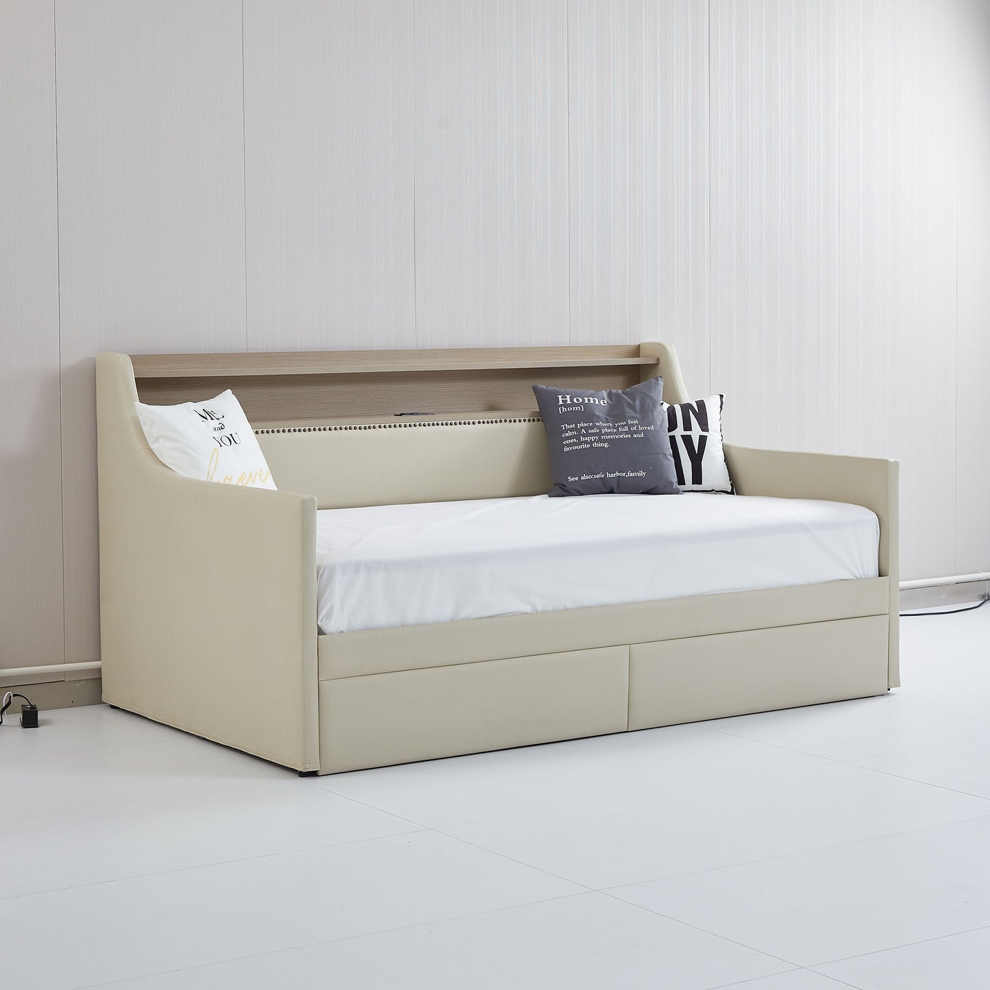 Twin Size Daybed with Storage Drawers, Upholstered Daybed with Charging Station and LED Lights, Beige