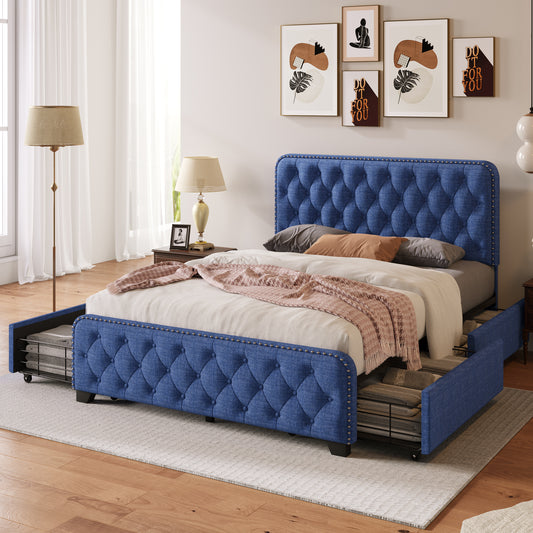 Upholstered Platform Bed Frame with Four Drawers, Button Tufted Headboard and Footboard Sturdy Metal Support, No Box Spring Required, Blue, Full