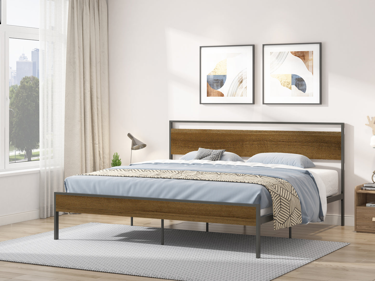 King Size Metal Platform Bed, Black with Cinnamon Wood Headboard & Footboard