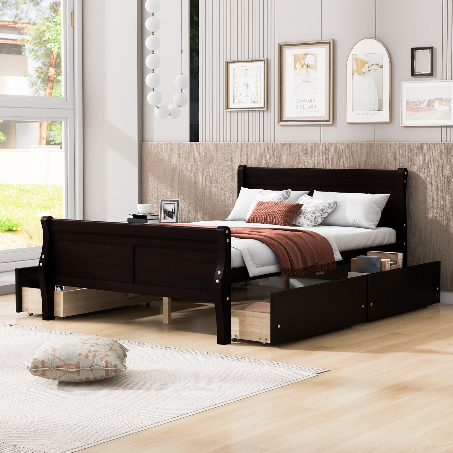 Full Size Wood Platform Bed with 4 Drawers and Streamlined Headboard & Footboard, Espresso