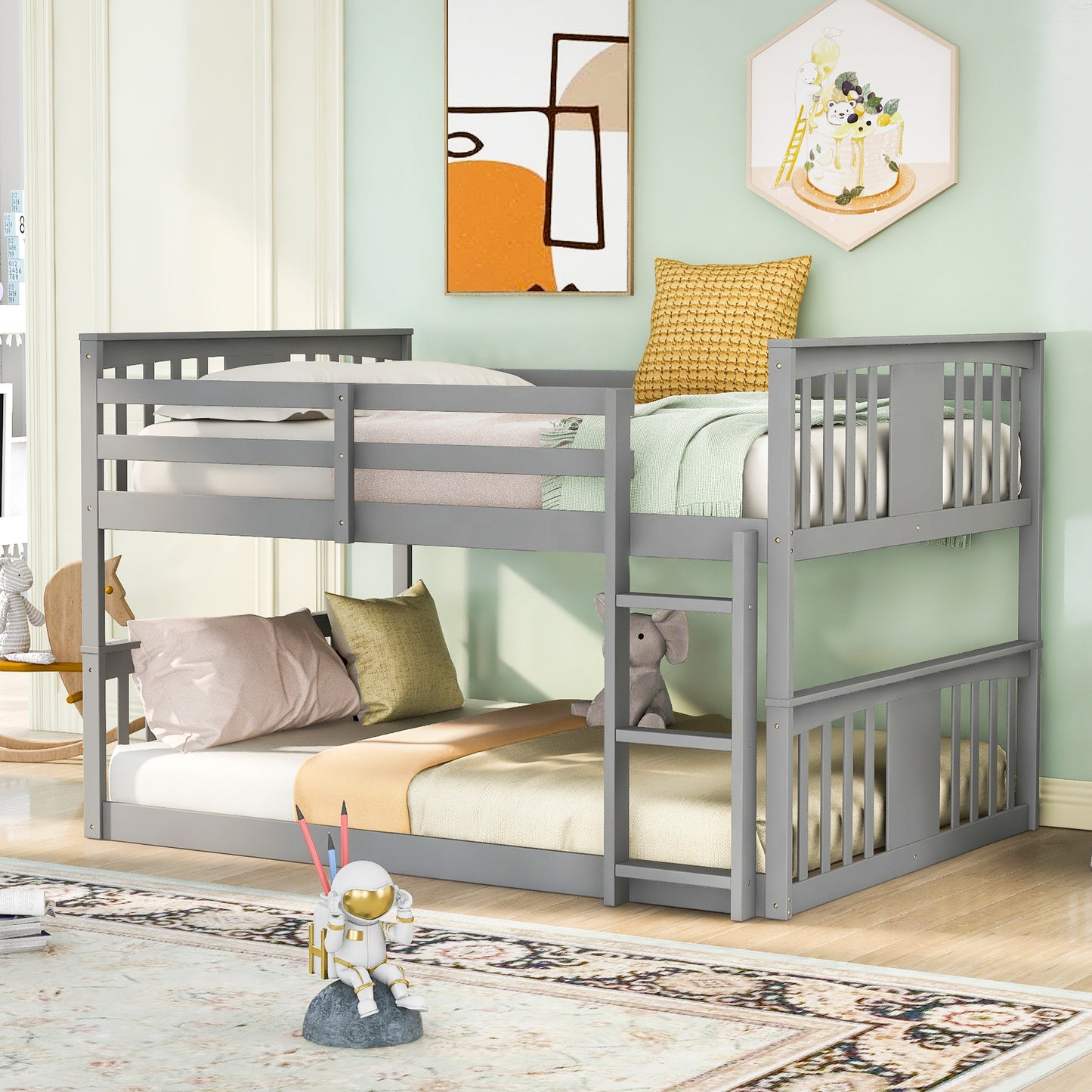 Full Over Full Bunk Bed with Ladder, Gray