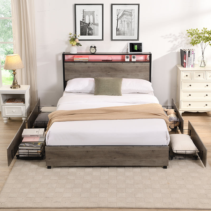 Queen Platform Bed Frame, Storage Headboard with Charging Station, Solid and Stable, Noise Free, No Box Spring Needed, Easy Assembly