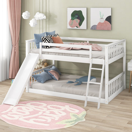 Full over Full Bunk Bed with Convertible Slide and Ladder, White