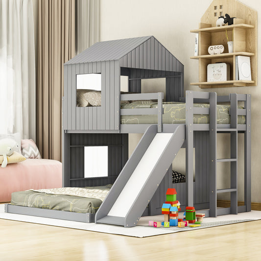 Wooden Twin Over Full Bunk Bed, Loft Bed with Playhouse, Farmhouse, Ladder, Slide and Guardrails, Gray