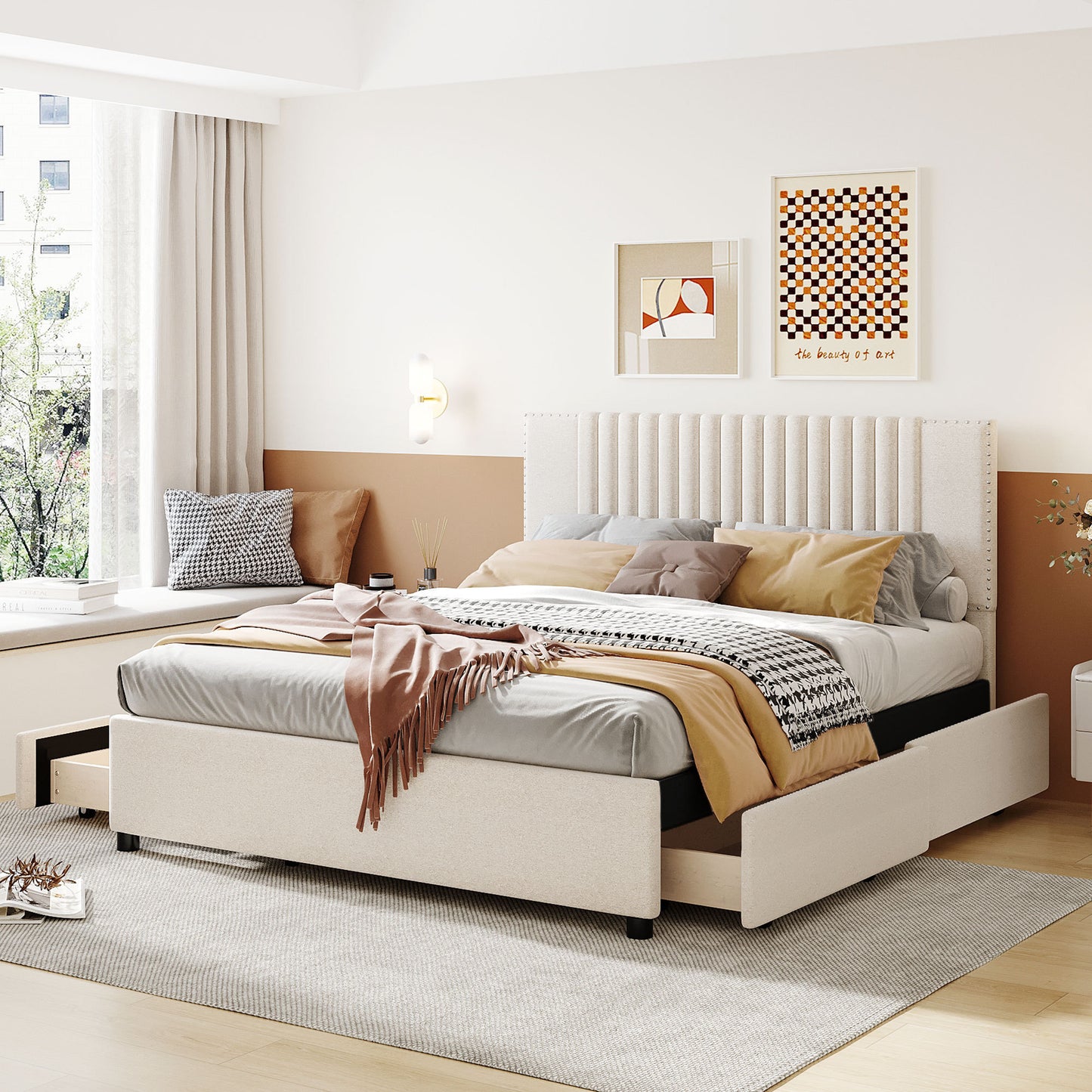 Queen Size Upholstered Platform Bed with Classic Headboard and 4 Drawers, Linen Fabric, Beige