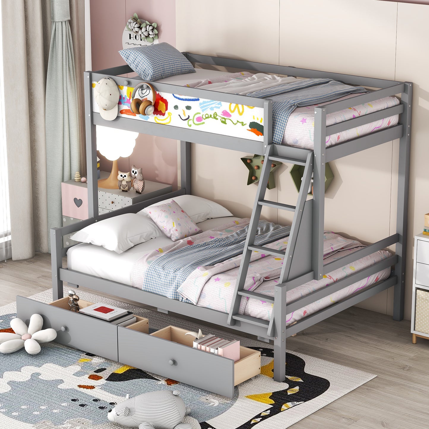 Wood Twin over Full Bunk Bed with Whiteboard, 3 Hooks and 2 Drawers, Grey