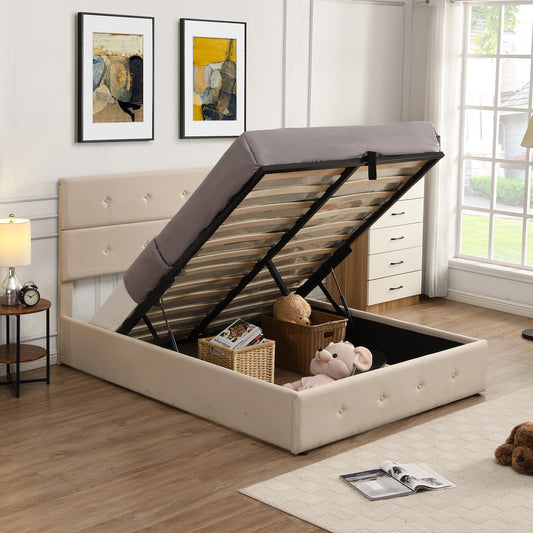 Upholstered Platform Bed with Underneath Storage,Full Size,Beige