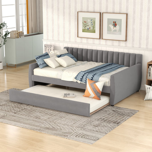 Full Size Upholstered daybed with Trundle and Wood Slat Support, Gray