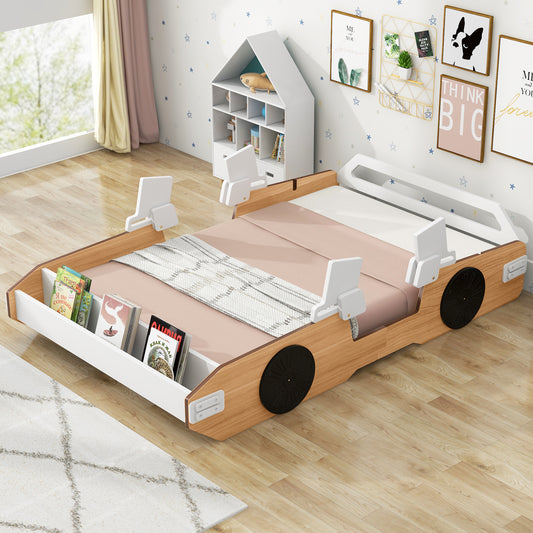 Wood Twin Size Racing Car Platform Bed with Door Design and Storage, Natural+White+Black