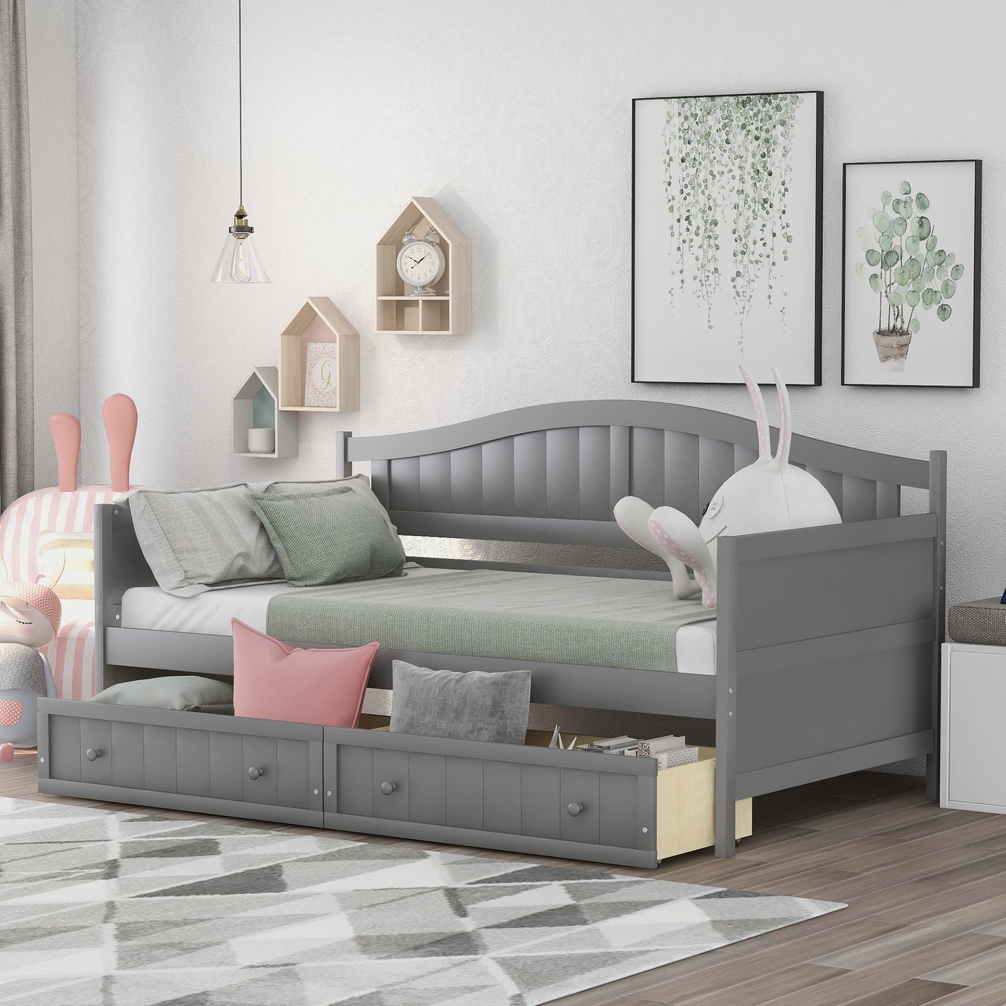 Twin Wooden Daybed with 2 drawers, Sofa Bed for Bedroom Living Room,No Box Spring Needed,Gray