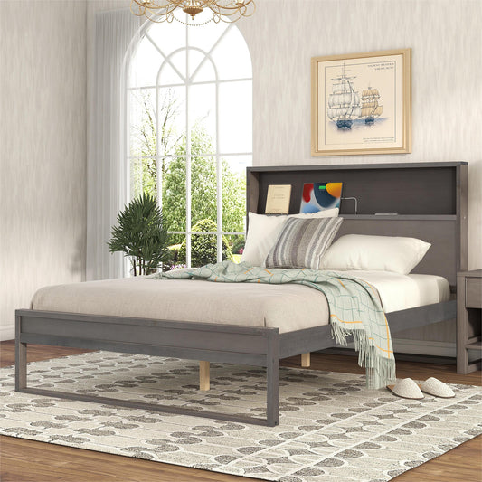 Platform Bed with Storage Headboard,Sockets and USB Ports,Full Size Platform Bed,Antique Gray