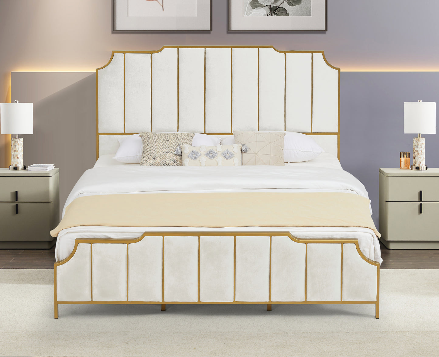 King Size Bed Frame,Upholstered Platform Bed & High headboard with Wood Slat Support,No Box Spring Needed,Easy Assembly, Velvet White