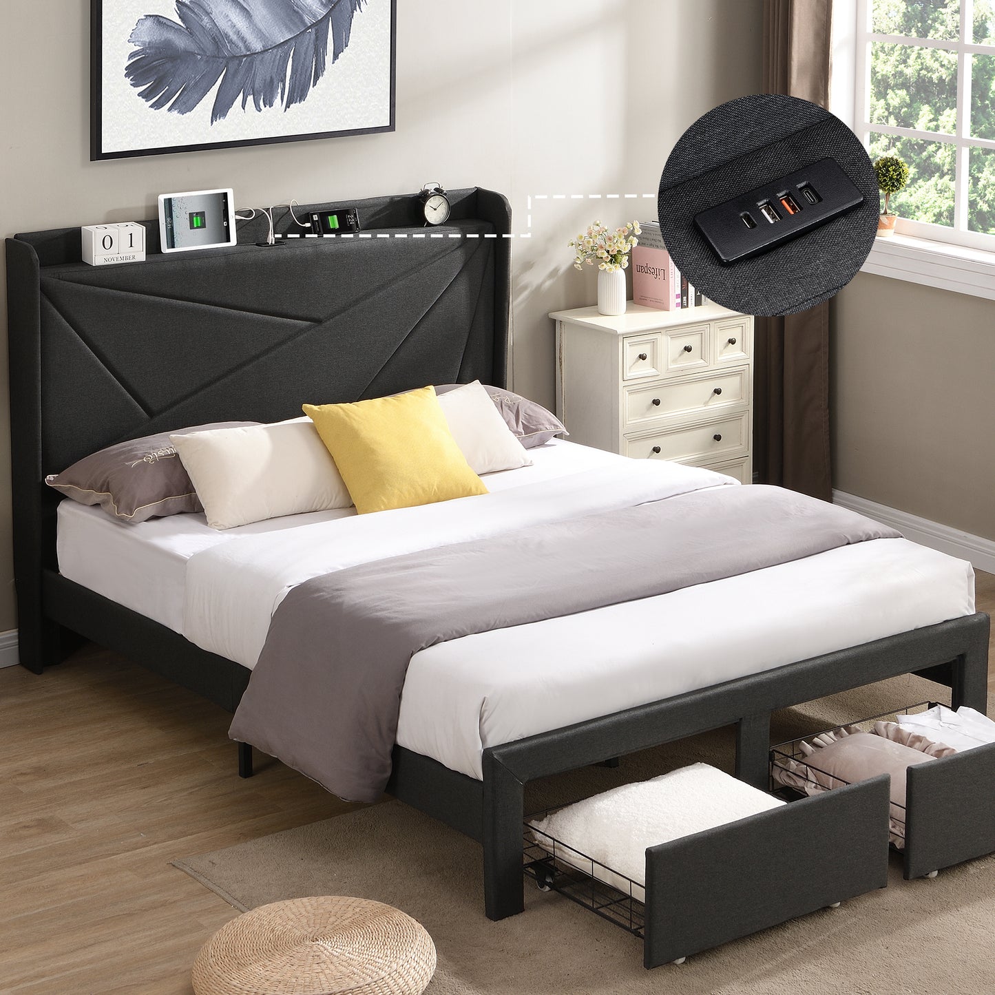 Queen Size Platform Bed Frame with 2 Storage Drawers, Upholstered Bed Frame with Wingback Headboard Storage Shelf Built-in USB Charging Stations and Strong Wood Slats Support, No Box Spring Needed, Dark Gray