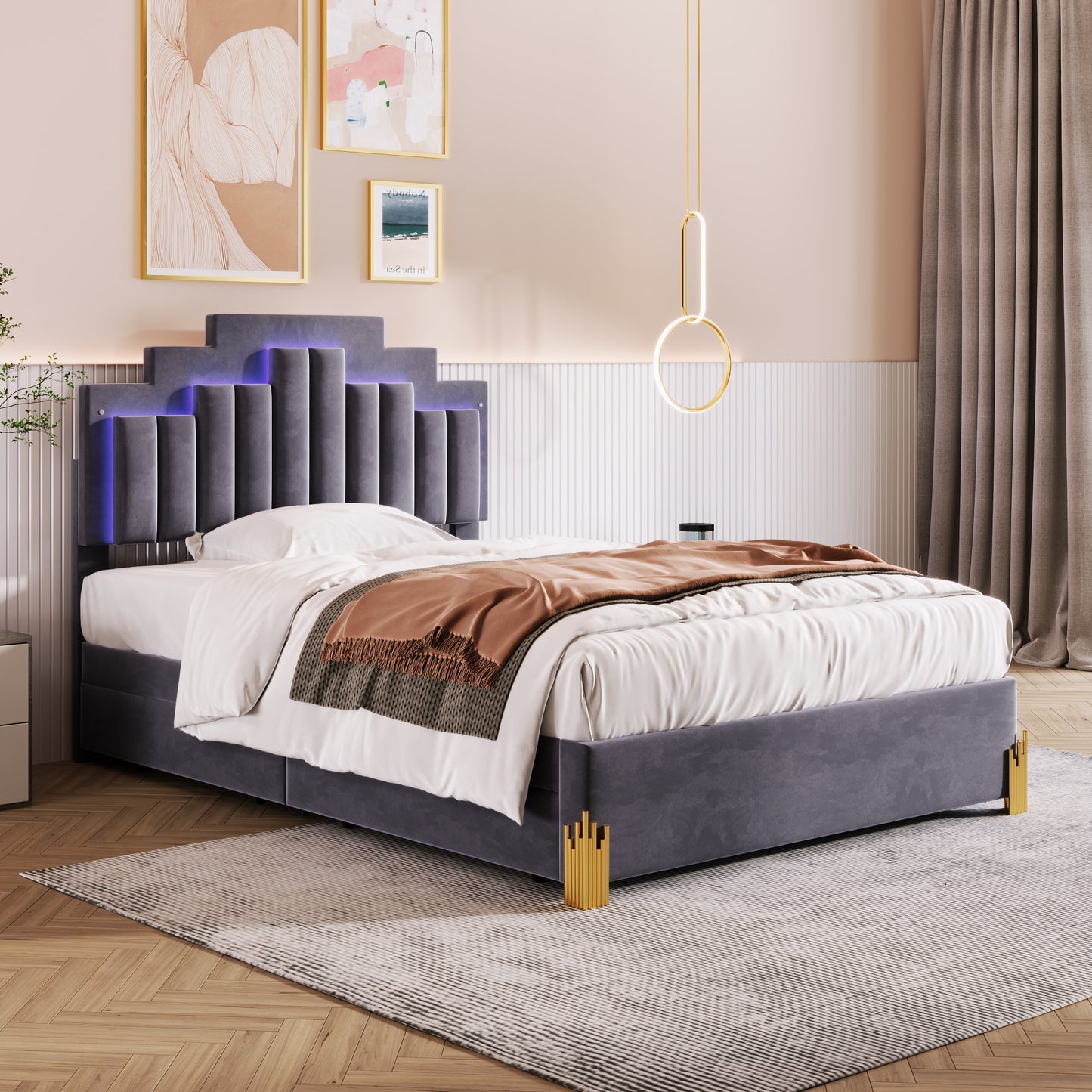 Full Size Upholstered Platform Bed with LED Lights and 4 Drawers, Stylish Irregular Metal Bed Legs Design, Gray