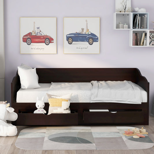 Wooden Daybed with Trundle Bed and Two Storage Drawers , Extendable Bed Daybed,Sofa Bed with Two Drawers, Espresso