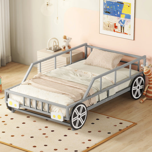 Metal Twin Size Car-shaped Platform Bed with Wheels and Headlights Decoration, Silver
