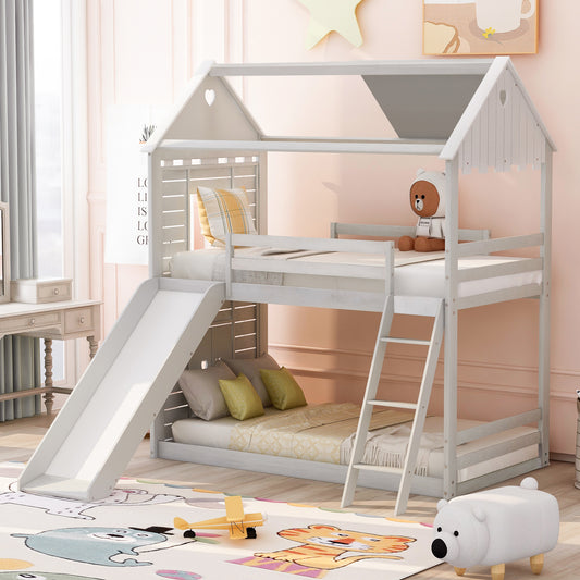 Twin Over Twin Bunk Bed Wood Bed with Roof, Window, Slide, Ladder ,Antique White