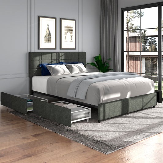 Vera Full Size Gray Linen Upholstered Platform Bed with Patented 4 Drawers Storage, Square Stitched Button Tufted Headboard, Wooden Slat Mattress Support No Box Spring Required