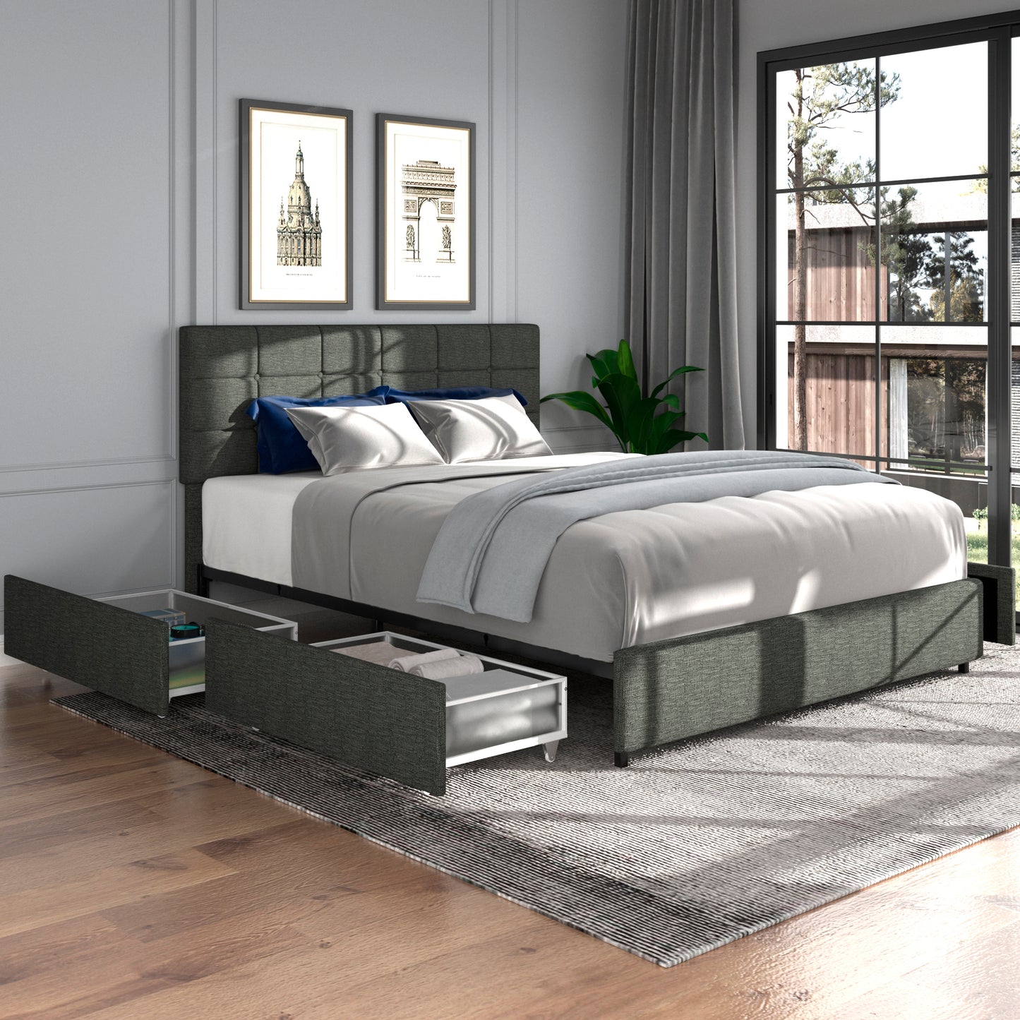 Vera Queen Size Gray Linen Upholstered Platform Bed with Patented 4 Drawers Storage, Square Stitched Button Tufted Headboard, Wooden Slat Mattress Support No Box Spring Required
