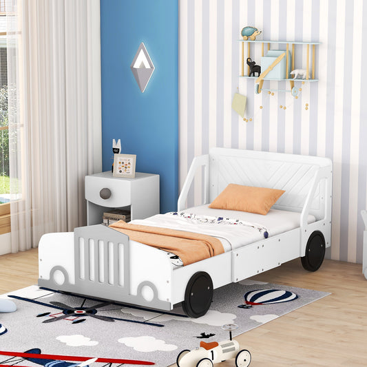 Twin Size Car-Shaped Platform Bed with Wheels,White