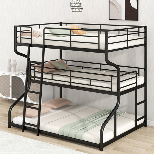 Full XL over Twin XL over Queen Size Triple Bunk Bed with Long and Short Ladder,Black