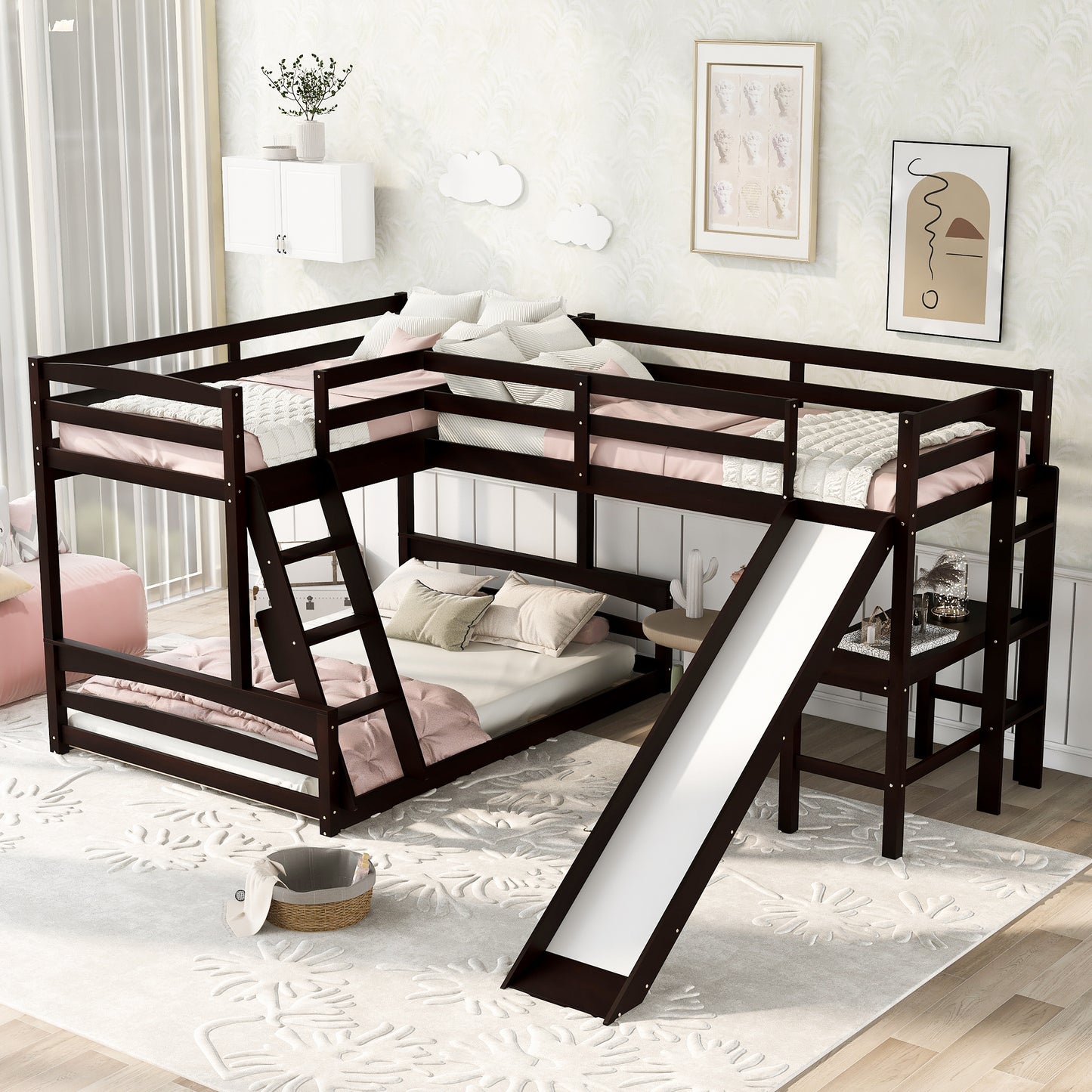 Twin over Full Bunk Bed with Twin Size Loft Bed with Desk and Slide,Full-Length Guardrail, Espresso