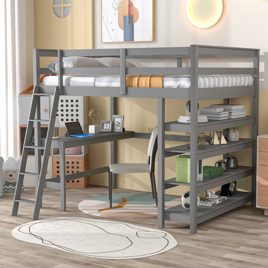 Loft Bed Full with desk,ladder,shelves , Grey