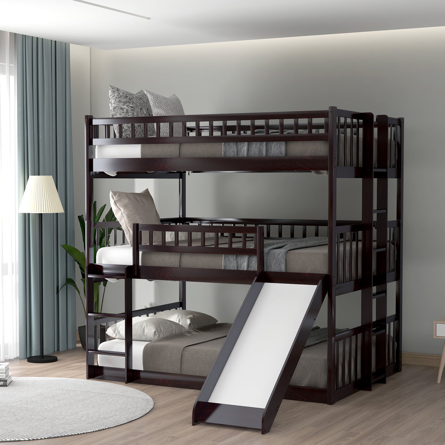 Full-Over-Full-Over-Full Triple Bed with Built-in Ladder and Slide , Triple Bunk Bed with Guardrails, Espresso