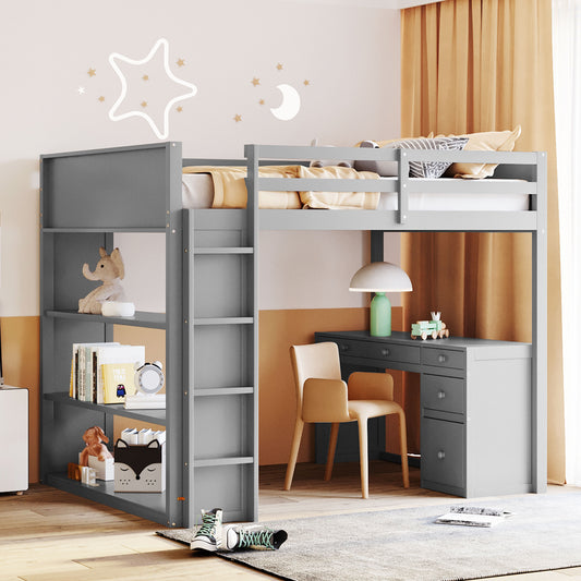 Full Size Loft Bed with Ladder, Shelves, and Desk, Gray