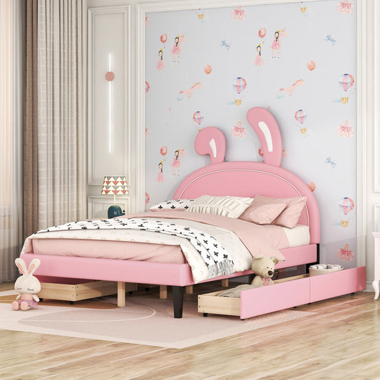 Full Size Upholstered Leather Platform Bed with Rabbit Ornament and 4 Drawers, Pink