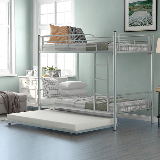 Twin-Over-Twin Metal Bunk Bed With Trundle,Can be Divided into two beds,No Box Spring needed ,White