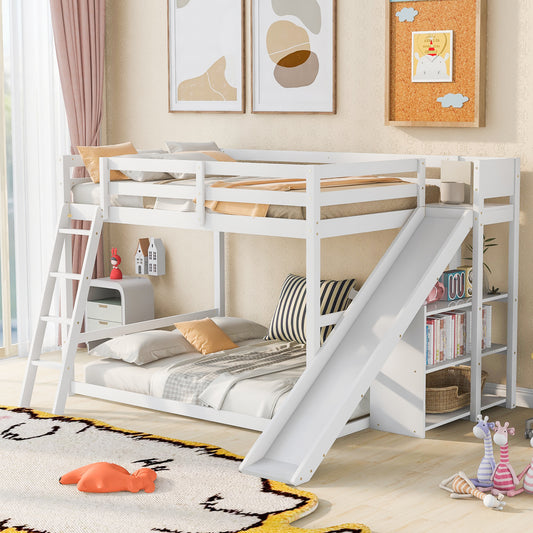 Full over Full Bunk Bed with Ladder, Slide and Shelves, White