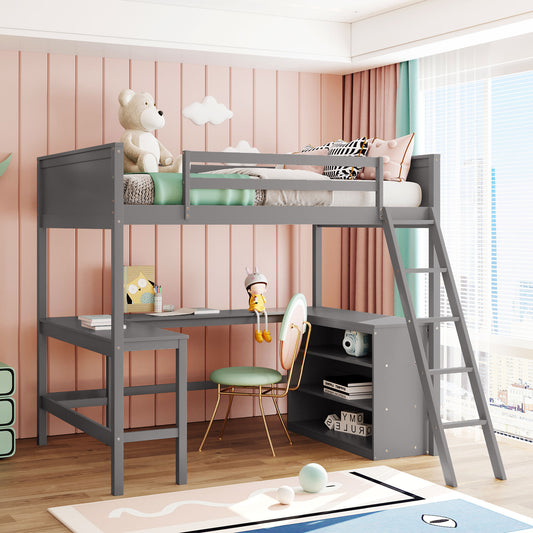 Full size Loft Bed with Shelves and Desk, Wooden Loft Bed with Desk - Gray