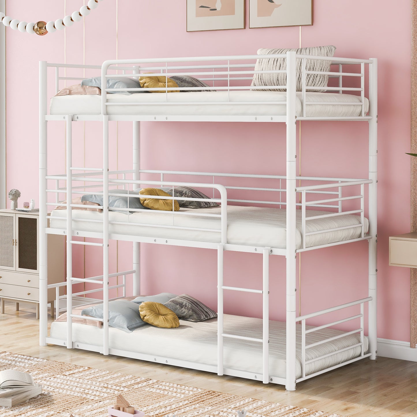 Twin-Twin-Twin Triple Bunk Bed with Built-in Ladder, Divided into 3 Separate Beds, White