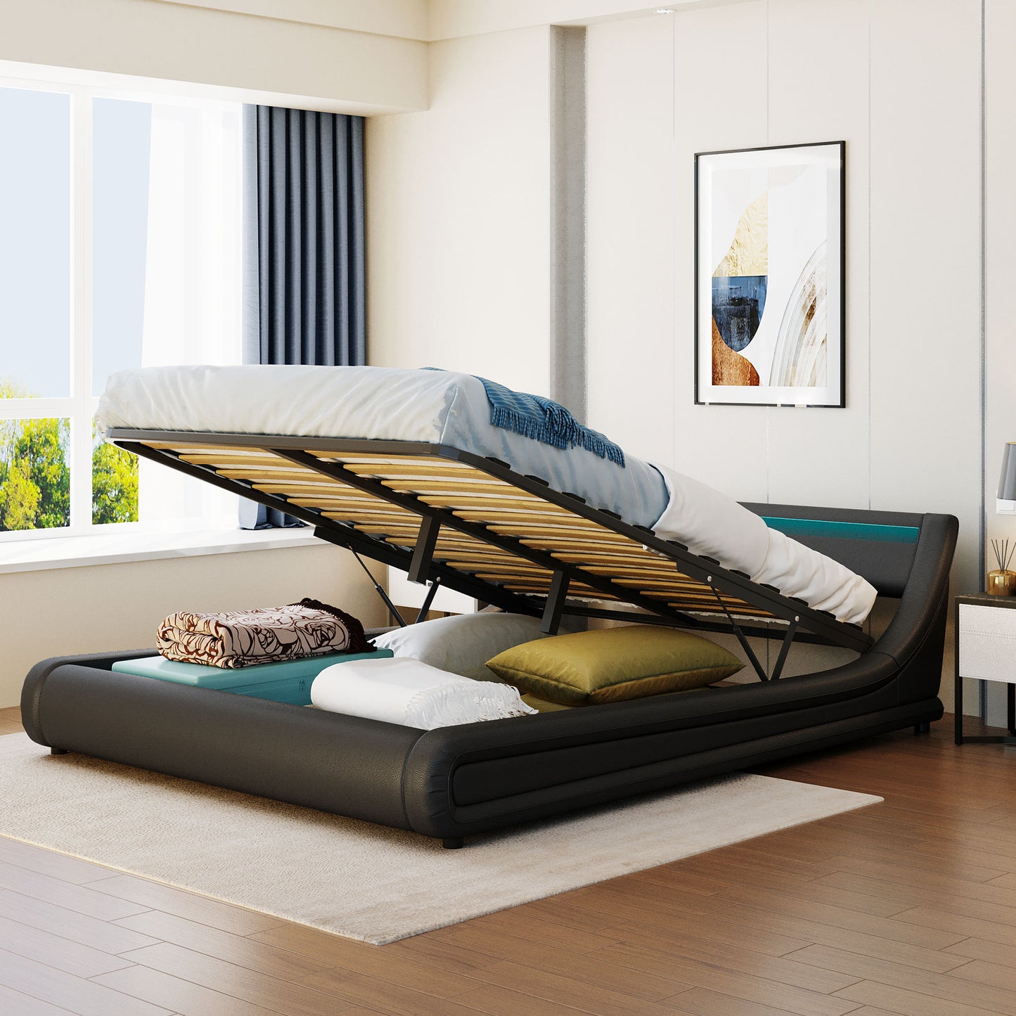 Upholstered Faux Leather Platform bed with a Hydraulic Storage System with LED Light Headboard Bed Frame with Slatted Queen Size