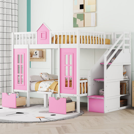 Full-Over-Full Bunk Bed with Changeable Table, Bunk Bed Turn into Upper Bed and Down Desk -Pink