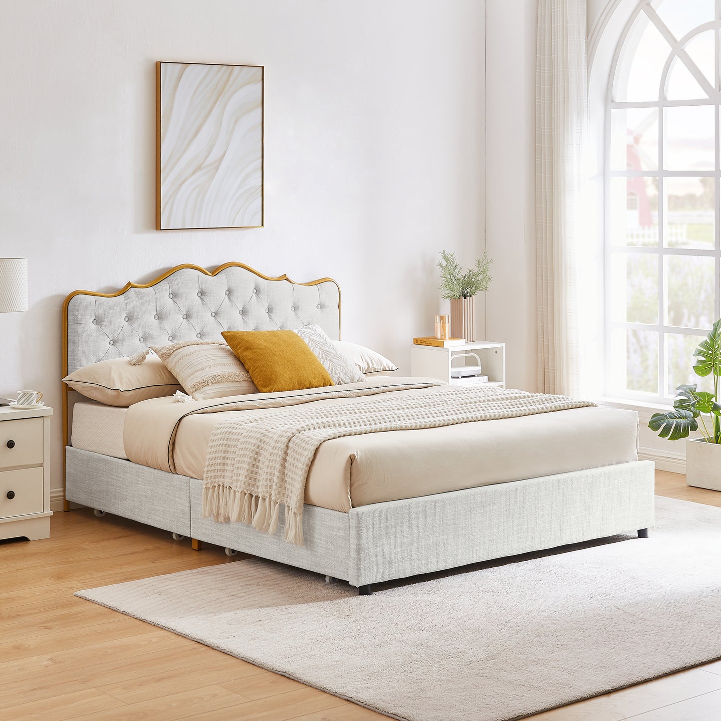 Queen Size Upholstered Platform Bed with 4 Storage Drawers, Classic Steamed Bread Shaped Backrest - Light Gray