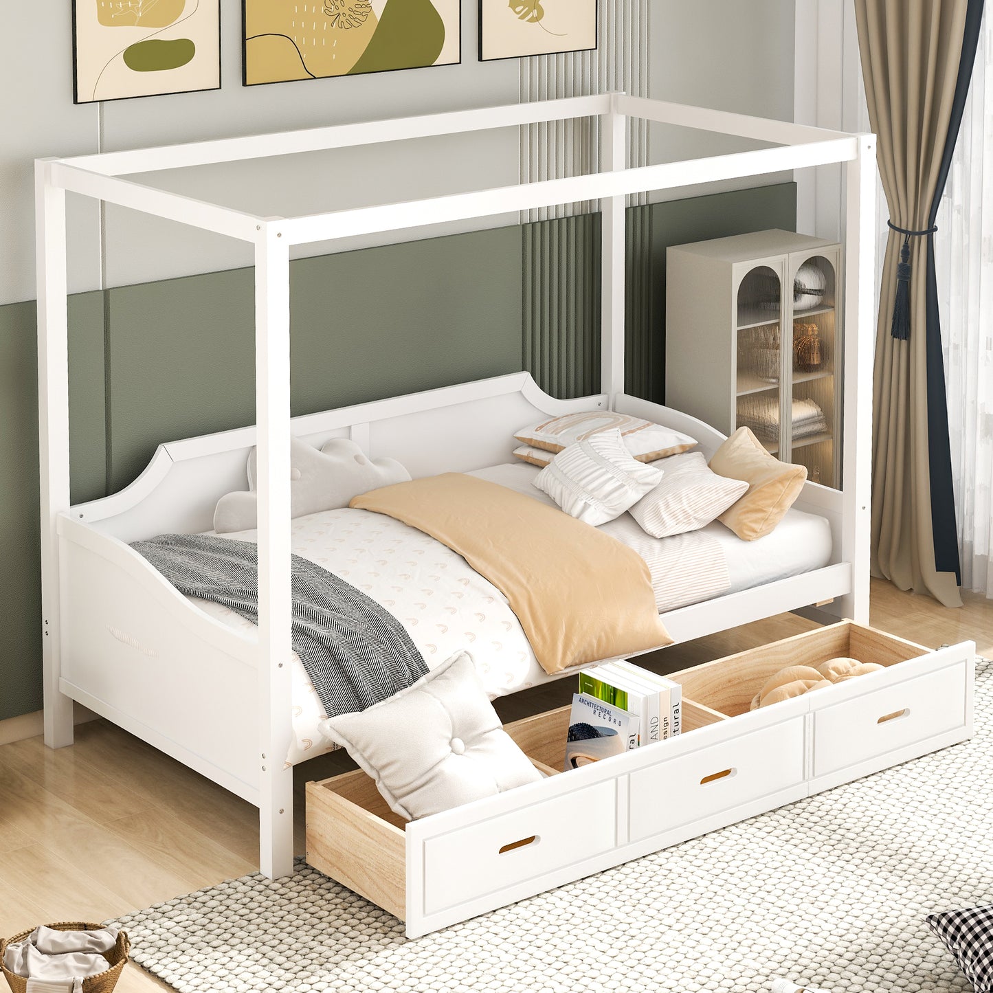 Twin Size Wooden Canopy Daybed with 3 in 1 Storage Drawers,White