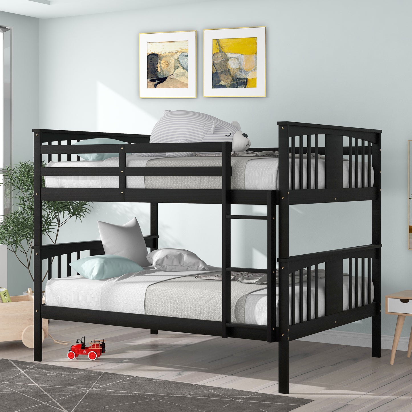 Full over Full Bunk Bed with Ladder for Bedroom, Guest Room Furniture-Espresso