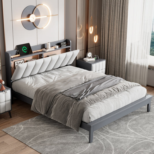 Full size Platform Bed with USB Charging Station and Storage Upholstered Headboard,LED Bed Frame,No Box Spring Needed,Gray+White