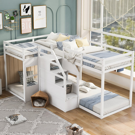 Twin over Twin L-Shaped Bunk Bed with Built-in Middle Staircase,White