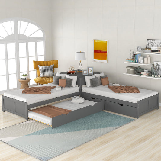 L-shaped Platform Bed with Trundle and Drawers Linked with built-in Desk,Twin,Gray
