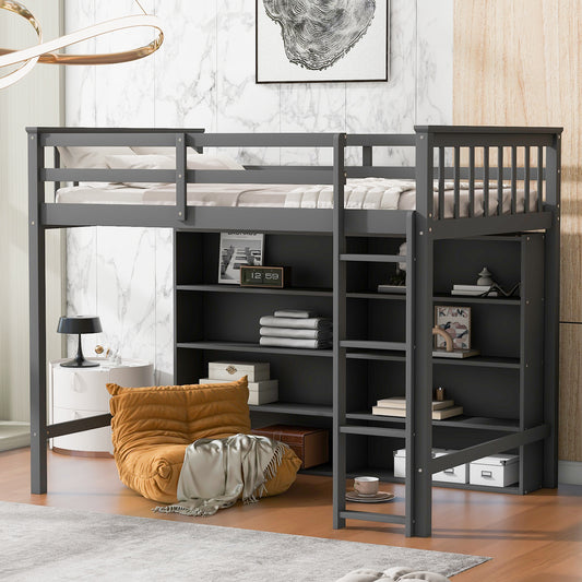 Twin Size Loft Bed with 8 Open Storage Shelves and Built-in Ladder, Gary