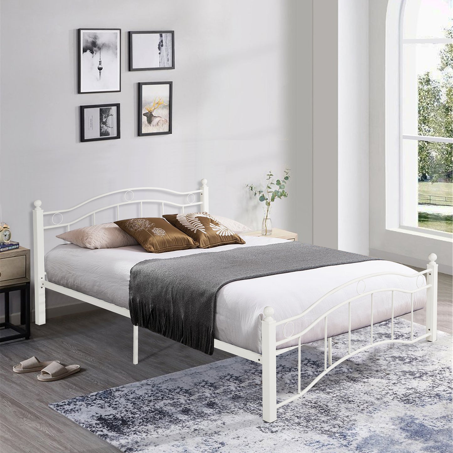 Queen Size Metal Platform Bed Frame with Headboard and Footboard - White